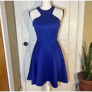 B. Darlin Vibrant Blue Halter Top High Neck Lace Summer Dress Size 9/10